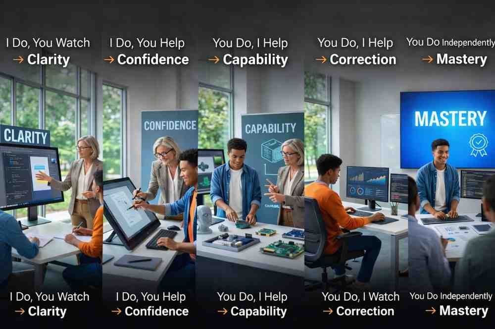 5-Stage Coaching Method: I Do You Watch → I Do You Help → You Do I Help → You Do I Watch → You Do Independently